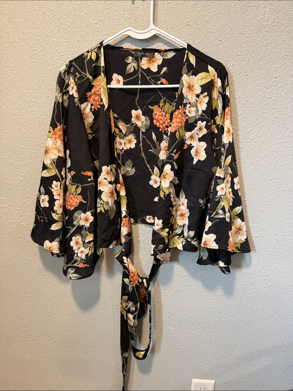 Triple 7 Black Floral Tie-Front Crop Top with Peach Blooms